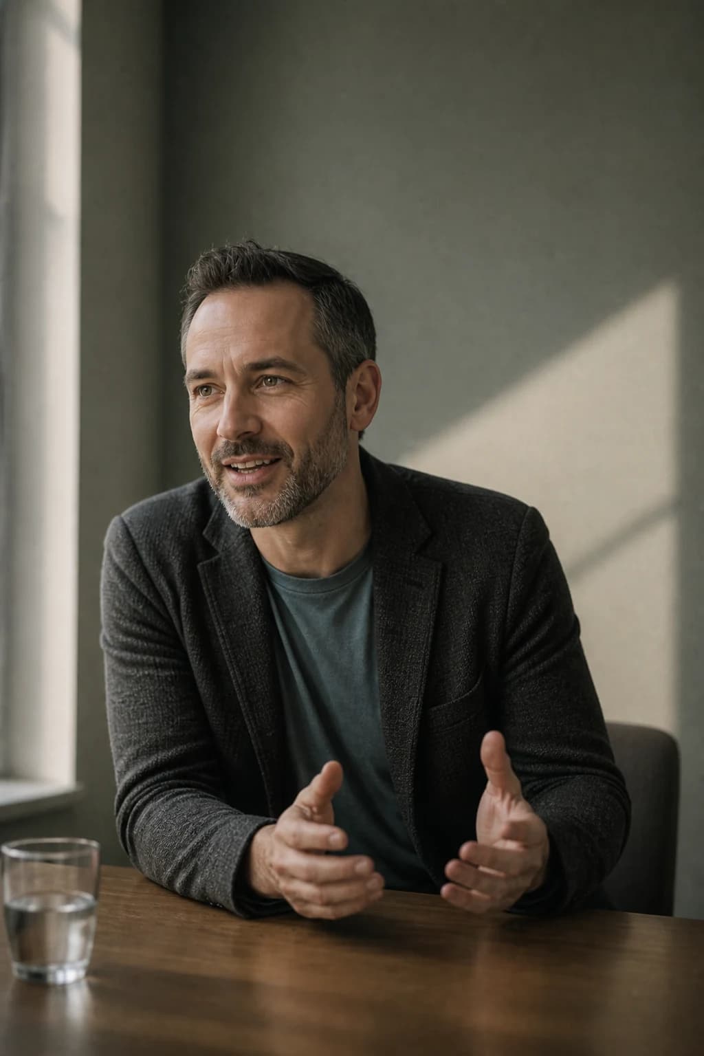 Marketingleiter mit grau meliertem Bart erklärt ChatGPT-Markennennungen an einem dunklen Eichentisch