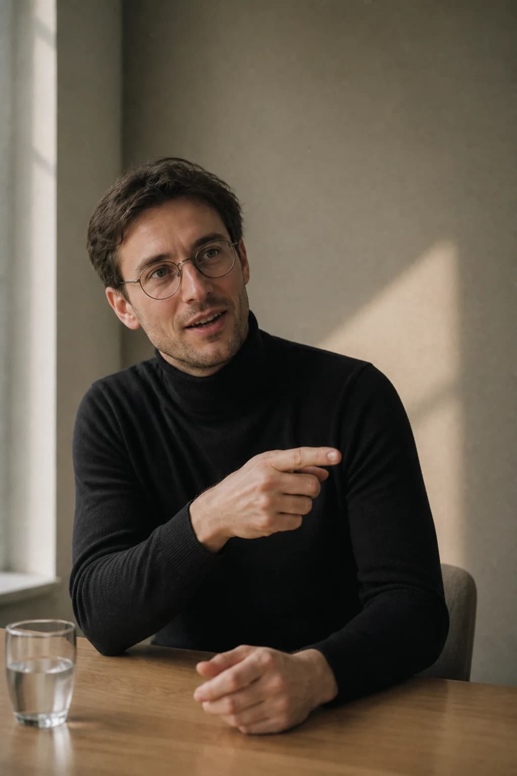 SEO manager with round glasses pointing across a desk during a Perplexity citation review